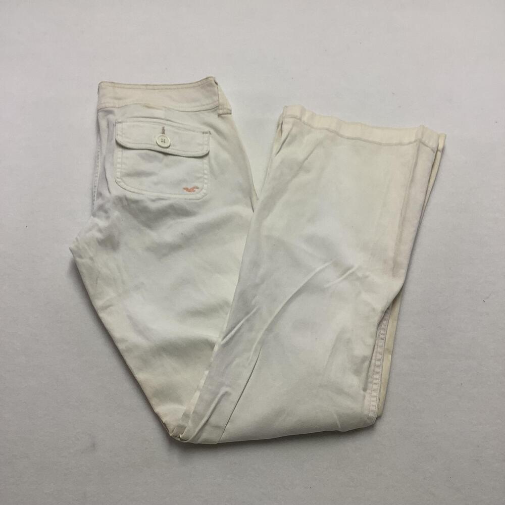 Hollister Pants Juniors 7 White Chino Flare Leg Stretch Floral Waistband Pockets